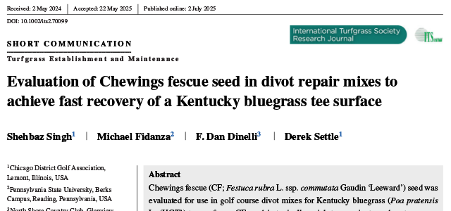Evaluation of Chewings fescue seed in divot repair mixes to achieve fast recovery of a Kentucky bluegrass tee surface