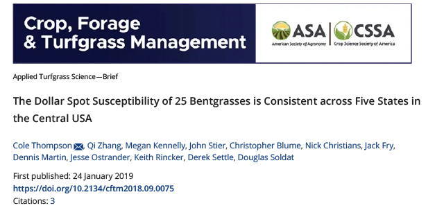 The dollar spot susceptibility of 25 bentgrasses is consistent across five states in the Central USA.