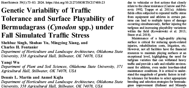 Genetic Variability of Traffic Tolerance and Surface Playability of Bermudagrass (Cynodon spp.) under Fall Simulated Traffic Stress.