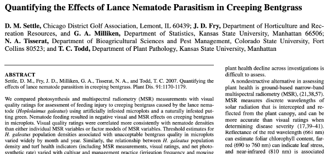 Quantifying the effects of lance nematode parasitism in creeping bentgrass.