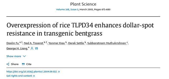 Overexpression of rice TLPD34 enhances dollar-spot resistance in transgenic bentgrass.