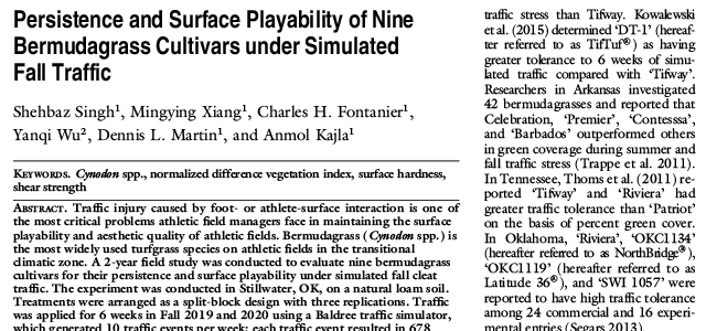 Persistence and Surface Playability of Nine Bermudagrass Cultivars under Simulated Fall Traffic.