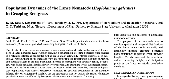 Population dynamics of the lance nematode (Hoplolaimus galeatus) in creeping bentgrass.