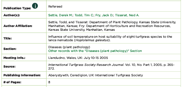 Influence of soil temperature on host suitability of eight turfgrass species to the lance nematode (Hoplolaimus galeatus).