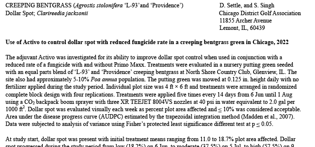 Use of Activo to control dollar spot with reduced fungicide rate in a creeping bentgrass green in Chicago, 2022.