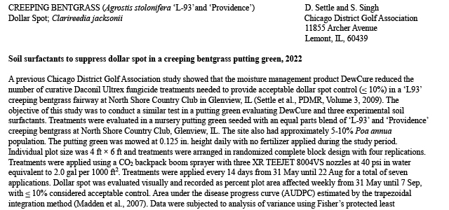 Soil surfactants to suppress dollar spot in a creeping bentgrass putting green, 2022.