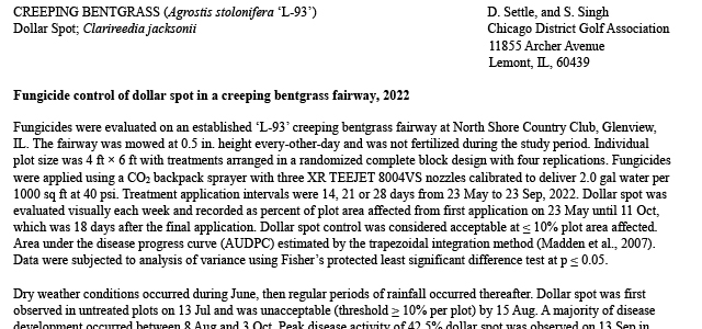 Fungicide control of dollar spot in a creeping bentgrass fairway, 2022. 
