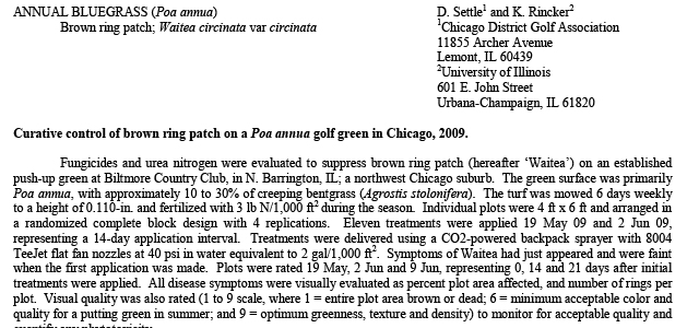 Curative control of brown ring patch on a Poa annua golf green in Chicago, 2009.