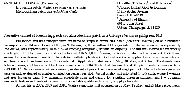 Preventive control of brown ring patch and Microdochium patch on a Chicago Poa annua golf green, 2010.